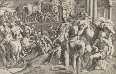 木馬をトロイに運ぶトロイア人、1545年。 作： Giulio Bonasone