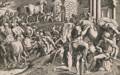 1545年、木馬を街に引き込むトロイの木馬。 作： Giulio Bonasone