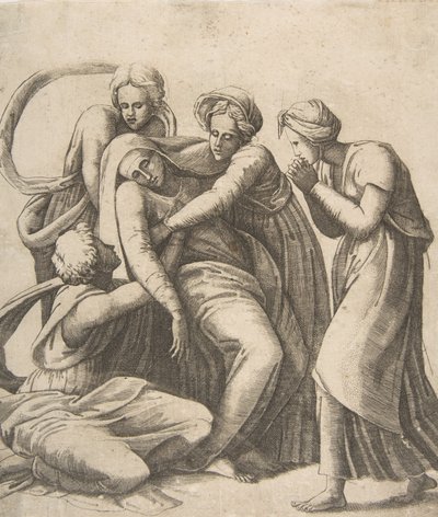 1531-76年、聖女たちの腕の中で気絶し、支えられている聖母。 作： Giulio Bonasone