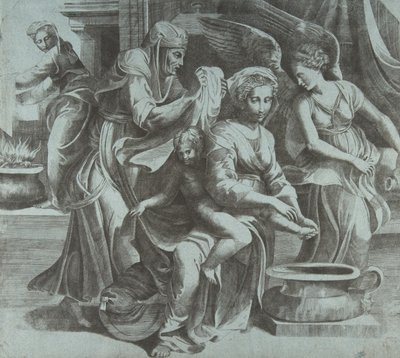 キリストの子供を洗っている聖母は、右側の数字と天使を伴っています。 1550-60。 作： Giulio Bonasone