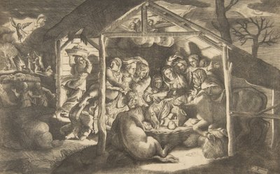 羊飼いの崇拝、1531-76 年に幼子キリストを取り巻くさまざまな人物。 作： Giulio Bonasone