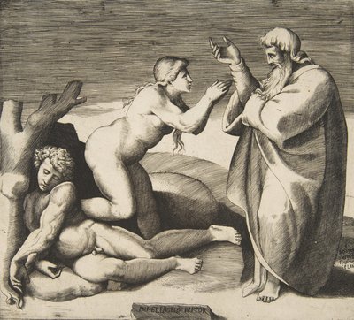 アダムの後ろから現れるイブの創造。 1530-70。 作： Giulio Bonasone