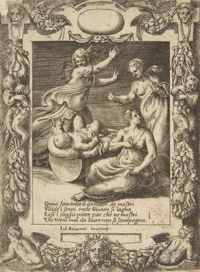 1531-76 年の「Loves,...」から、精巧なフレーム内に設定された、蛇を殺す幼いヘラクレス。 作： Giulio Bonasone