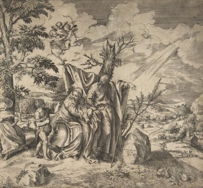 エジプトへ逃亡中の残りの聖家族、1531～76年。 作： Giulio Bonasone