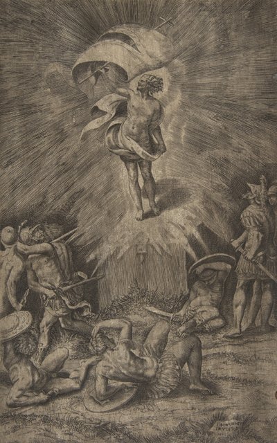 キリストの復活、右手に旗を持ち、兵士たちが川を取り囲んでいます。, 1561. 作： Giulio Bonasone