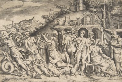 ジェイソンとメデアの物語、左は息子を連れ去り、真ん中は…、1531-76年。 作： Giulio Bonasone