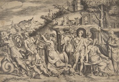 ジェイソンとメデアの物語、左は息子を連れ去り、真ん中は…、1531-76年。 作： Giulio Bonasone