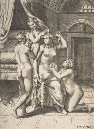 中央に座るプシュケのトイレ、1531-76年。 作： Giulio Bonasone