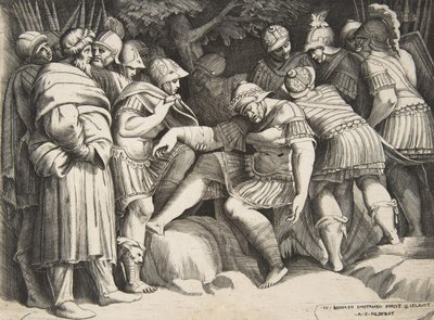 中央の負傷兵スキピオが人物に囲まれている、1531-76年。 作： Giulio Bonasone