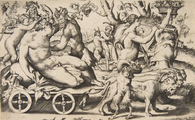 左の馬車に座っているバッカスの凱旋、1531-76年。 作： Giulio Bonasone