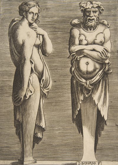 2つの用語、左のニンフ、右のシルバヌス、約。 1530-50。 作： Giulio Bonasone