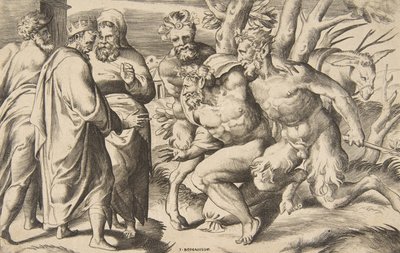 シレノス王ミダスを連れて左側に立つ 2 人のサテュロス、1531～76 年。 作： Giulio Bonasone