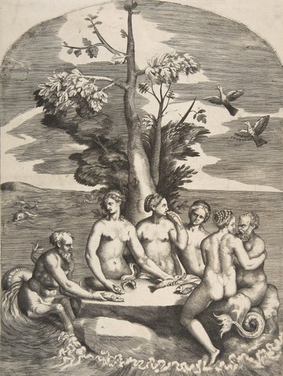 4人のニンフを伴った2人の海の神、1531-76年。 作： Giulio Bonasone