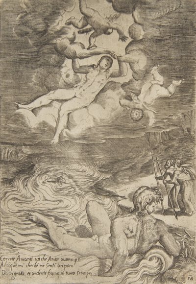 「神々の愛」より、金星が雲の中でプッティと転がる 1531-76。 作： Giulio Bonasone