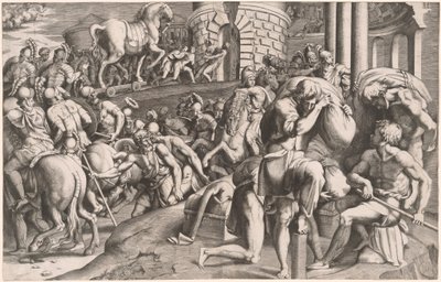 木馬をトロイに運ぶトロイの木馬 作： Giulio Bonasone, after Francesco Primaticcio