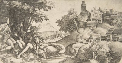 左の 4 人の羊飼いが楽器を持って木の下に座っている..., ca. 1517年 作： Giulio Campagnola