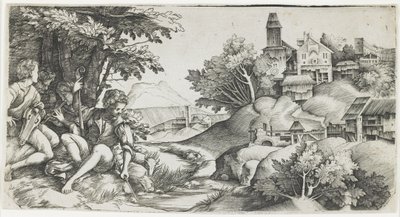 風景の中の羊飼い、c。 1517-1518 作： Giulio Campagnola