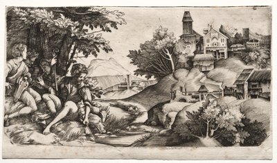 風景の中の羊飼い、c。 1517年。 作： Giulio Campagnola