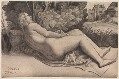 金星は風景の中でリクライニング、c.1508-09 作： Giulio Campagnola