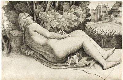 風景の中で横たわる女性 作： Giulio Campagnola