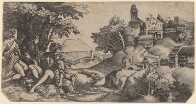 風景の中の羊飼い 作： Giulio Campagnola and Domenico Campagnola