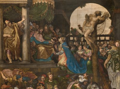 南トランセプトのカウンターファサードの反対側の壁、ジュゼッペ・カンピ、モルデカイの凱旋 1567年、細部の高い部分 作： Giulio Campi