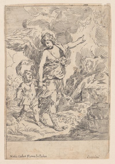 幼い子供と手をつないで歩く守護天使、1640～60年。 作： Giulio Carpioni