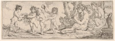 サテュロスがリュートを演奏し、4 人の人物に囲まれているバッカナル。 作： Giulio Carpioni