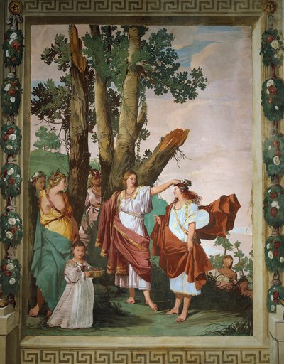 ジュリオ・カルピオーニによるフレスコ画、ジョヴァンニ・バッティスタ・グァリーニ（1538-1612）の牧歌的作品『忠実な羊飼い』に着想を得た『ニンフ・アマリリス』（ユネスコ世界遺産Villa Caldogno 作： Giulio Carpioni