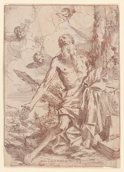 腕を伸ばして木のそばにひざまずく聖ヒエロニムス、1640-60。 作： Giulio Carpioni