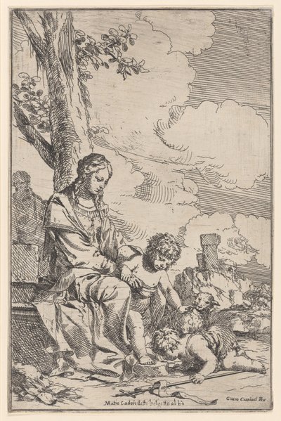 キリストの足にキスをする幼い聖ヨハネと聖家族、1640-60年。 作： Giulio Carpioni