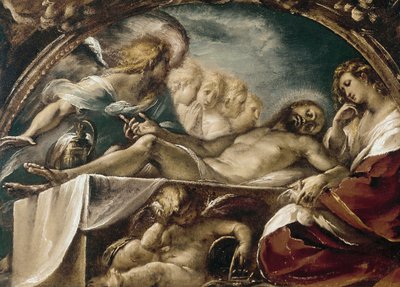 天使のいる死んだキリスト。(油彩・キャンバス 作： Giulio Cesare Procaccini