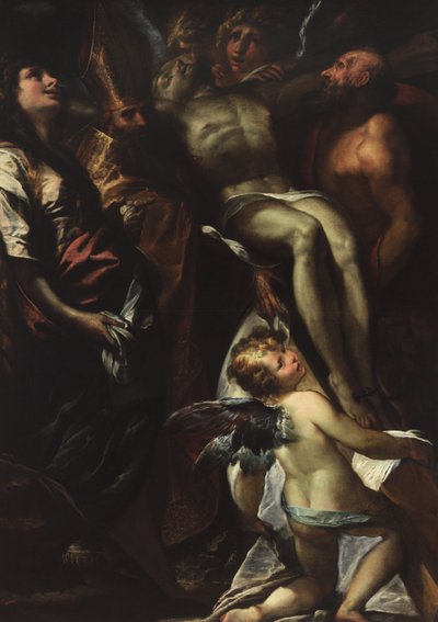 聖人との十字架からの降下マグダラのマリア、オーガスティン、ジェローム、天使たちc。 1618年 作： Giulio Cesare Procaccini