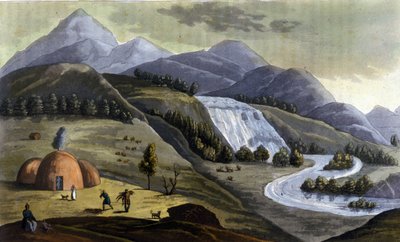 ラップランドの風景 (ノルウェー、スウェーデン、フィンランド、ロシアに属する領土)、先住民族 (サーミ) の住居「「古くて現代的な衣装」」 by Ferrario, ed. ミラノ 作： Giulio Ferrario