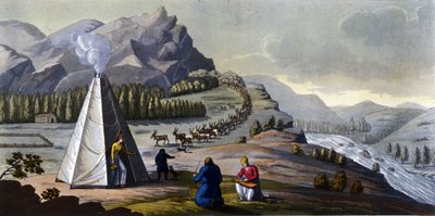 サーミの風景: 北の国 (ノルウェー、フィンランド、スウェーデン、ロシア) の土地に住む先住民族は、籐のかごを作り、テントの近くで魚を掃除します。 「「古くて現代的な衣装」」で、フェラーリオ、エド。 ミラノ 作： Giulio Ferrario