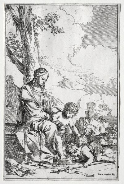 幼児聖ヨハネと聖家族 作： Giulio I Carpioni