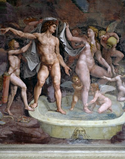 ジュリオ・ロマーノ（1499-1546）によるフレスコ画「マルスとヴィーナスの水浴」、イタリア・ロンバルディア州マントゥアのテ宮殿「キューピッドとプシュケの間」の北壁（2008年ユネスコ世界遺産登録 作： Giulio Romano