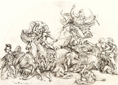 パンダロスに負傷したディオメデスはパラス・アテネに慰められる 作： Giulio Romano