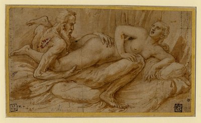 エロティック・シーン par Romano, Giulio (1499-1546), 1524年以降 - 紙にペン、筆、茶色の墨、白の色、黒のチョーク。 作： Giulio Romano
