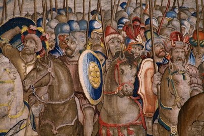 フランダースのタペストリー。 シリーズ The Acts of Scipio: The Battle at Zama. 漫画家のジュリオ・ロマーノ。 Balthasar van Vlierden (?) のアトリエ、ブリュッセル。 1523-1532。 詳細。 作： Giulio Romano