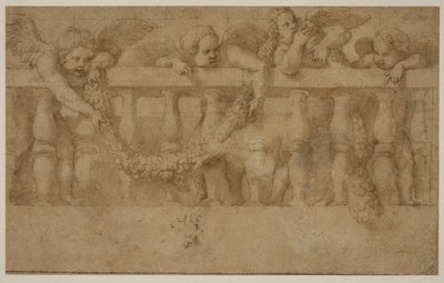 花輪で手すりを飾る 4 つの翼のあるプッティ 作： Giulio Romano