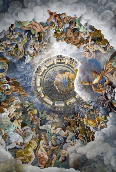 巨人の間（マントヴァ、パラッツォ・デル・テ）天井全景：オリンポスの神々。ジュリオ・ロマーノ（ジュリアス・ロマーノ）として知られるジュリオ・ピッピ・デ・ジャンヌッツィ（1492/1499-1546）のフレスコ画。 作： Giulio Romano