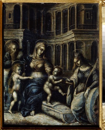 「聖カタリナのいる聖家族」ジュリオ・ピッピ・デ・ヤヌッツィの絵画ジュリオ・ロマーノ (ジュール・ロマン) (1499-1546) 16 世紀の地方美術館、タンボフ、ロシア 作： Giulio Romano