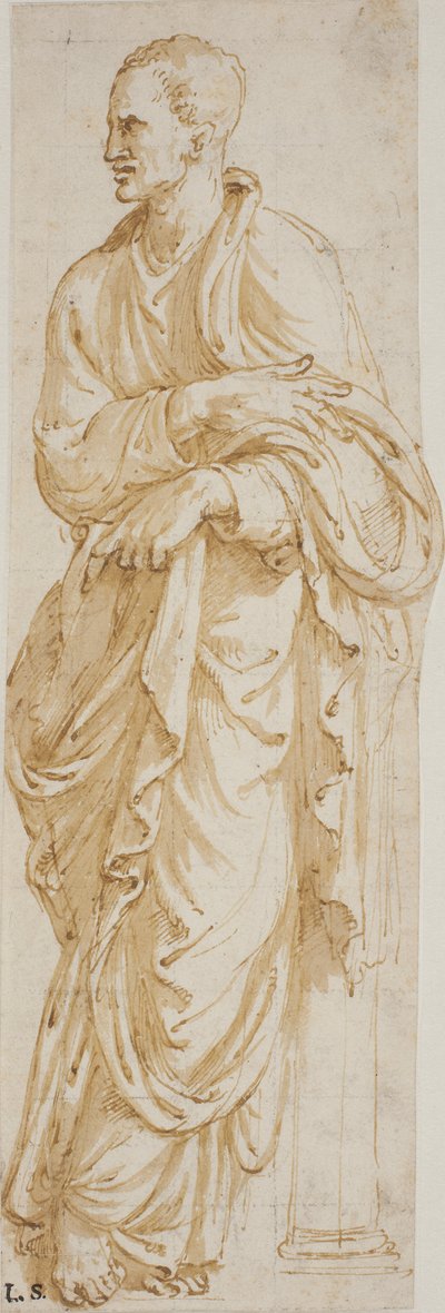 柱にもたれて立っている哲学者 作： Giulio Romano