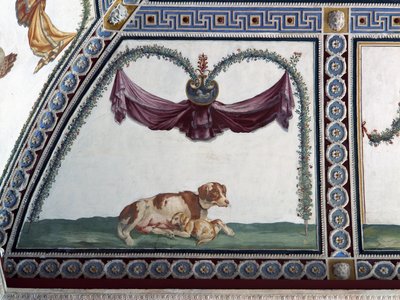 Camera con Fregio di Amorini Chamber of the Cupid Frieze犬と子犬のディテール、1520年代のフレスコ画 作： Giulio Romano