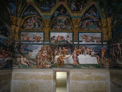 ジュリオ・ロマーノ（1499-1546）によるフレスコ画「神々の婚宴」、イタリア、ロンバルディア州マンチュアのテ宮殿の「キューピッドとプシュケの間」の西壁（2008年ユネスコ世界遺産登録 作： Giulio Romano