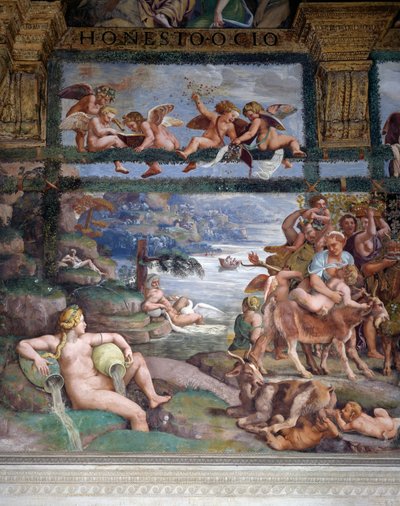 ジュリオ・ロマーノ（1499-1546）によるフレスコ画「神々の婚宴」、イタリア、ロンバルディア州マンチュアのテ宮殿の「キューピッドとプシュケの間」の西壁（2008年ユネスコ世界遺産登録 作： Giulio Romano