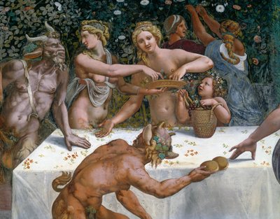 ジュリオ・ロマーノ（1499-1546）によるフレスコ画「神々の婚宴」、イタリア、ロンバルディア州マンチュアのテ宮殿の「キューピッドとプシュケの間」の西壁（2008年ユネスコ世界遺産登録 作： Giulio Romano