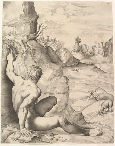 荒野のバプテスマのヨハネ、約。 1545-55。 作： Giulio Sanuto
