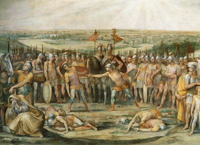 ジュゼッペ・セザーリ（1568-1640）作、ホラティウスとキュリアティの戦闘、フレスコ画、ホラティウスとキュリアティのホール、ローマの宮殿音楽院。 ローマ帝国、イタリア、紀元前 7 世紀。 作： Giuseppe Cesari